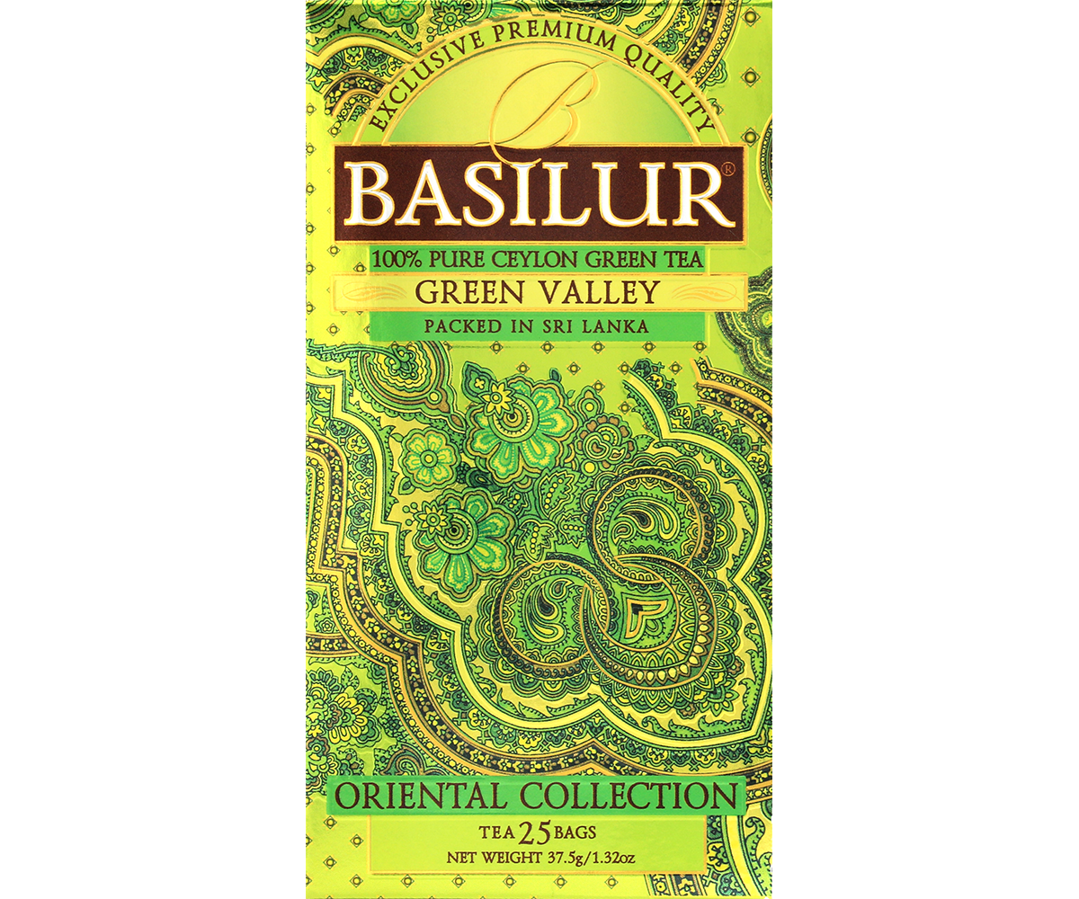 Przód opakowania herbaty Basilur Green Valley – eleganckie zielono-złote wzornictwo.