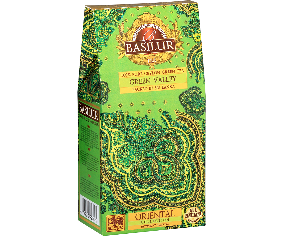 Widok boczny pudełka Basilur Green Valley z orientalnym wzorem.