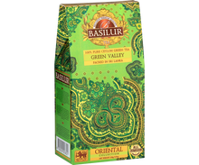 Widok boczny pudełka Basilur Green Valley z orientalnym wzorem.