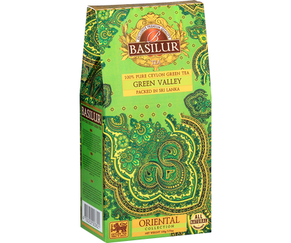 Widok boczny pudełka Basilur Green Valley z orientalnym wzorem.