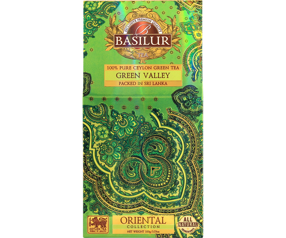 Przód opakowania Basilur Green Valley – czysta zielona herbata cejlońska.