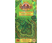 Przód opakowania Basilur Green Valley – czysta zielona herbata cejlońska.