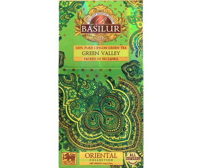 Przód opakowania Basilur Green Valley – czysta zielona herbata cejlońska.