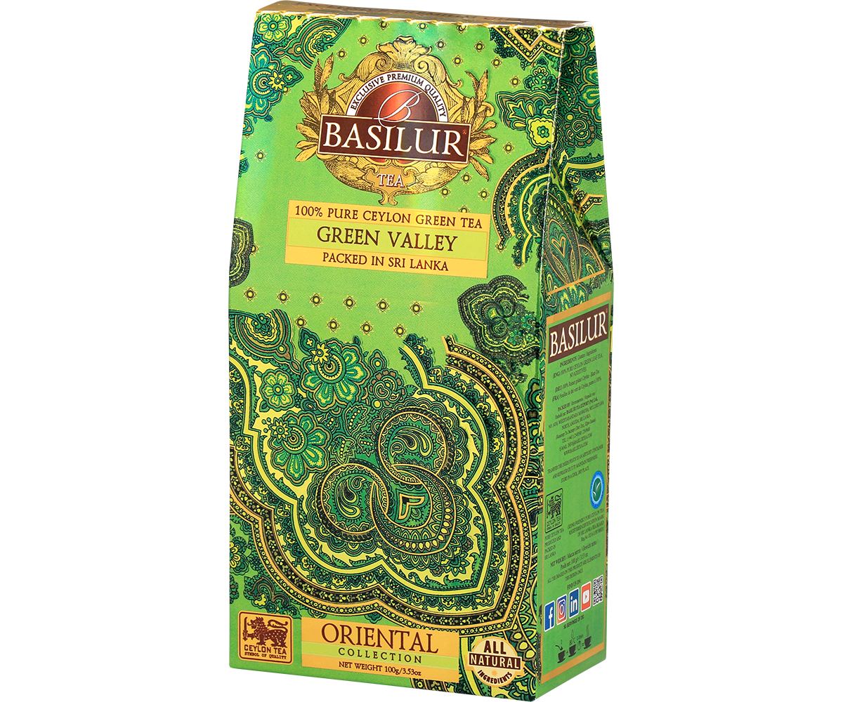 Opakowanie herbaty Basilur Green Valley z kolekcji Oriental Collection w odcieniach zieleni i złota.
