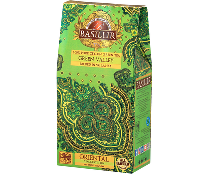 Opakowanie herbaty Basilur Green Valley z kolekcji Oriental Collection w odcieniach zieleni i złota.