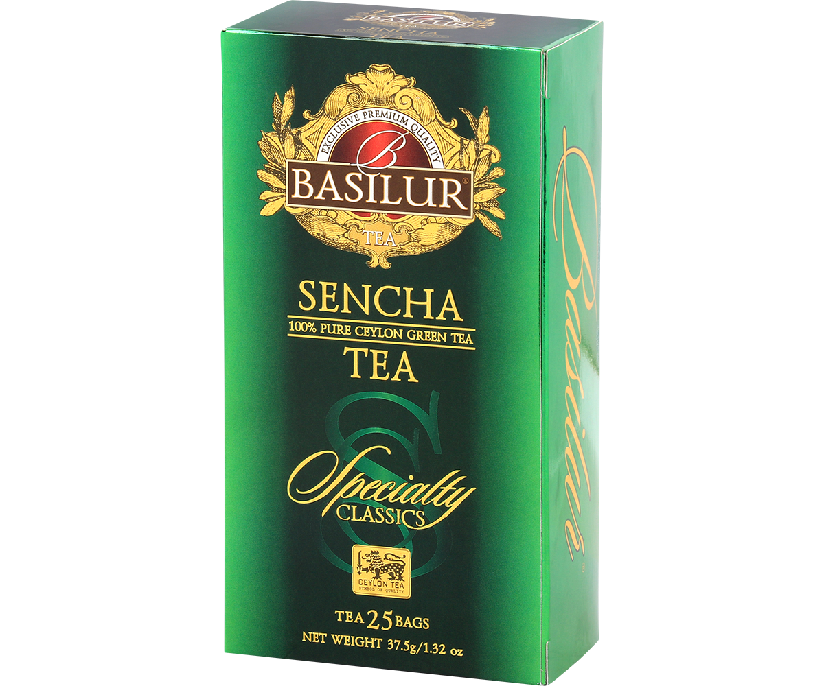Widok boczny opakowania Basilur Sencha, zielona herbata z Cejlonu.