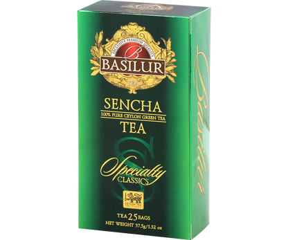 Widok boczny opakowania Basilur Sencha, zielona herbata z Cejlonu.
