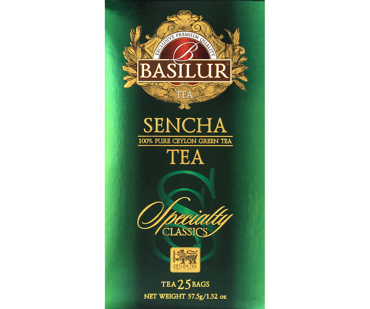 Opakowanie herbaty Basilur Sencha 25 x 1,5 g, zielona herbata cejlońska o delikatnym smaku.