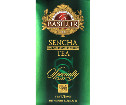 Opakowanie herbaty Basilur Sencha 25 x 1,5 g, zielona herbata cejlońska o delikatnym smaku.