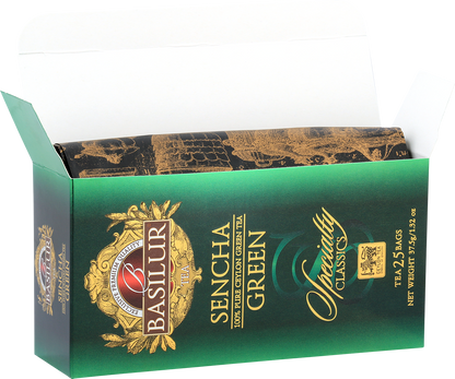 Otwarte pudełko Basilur Sencha z widocznymi saszetkami zielonej herbaty.