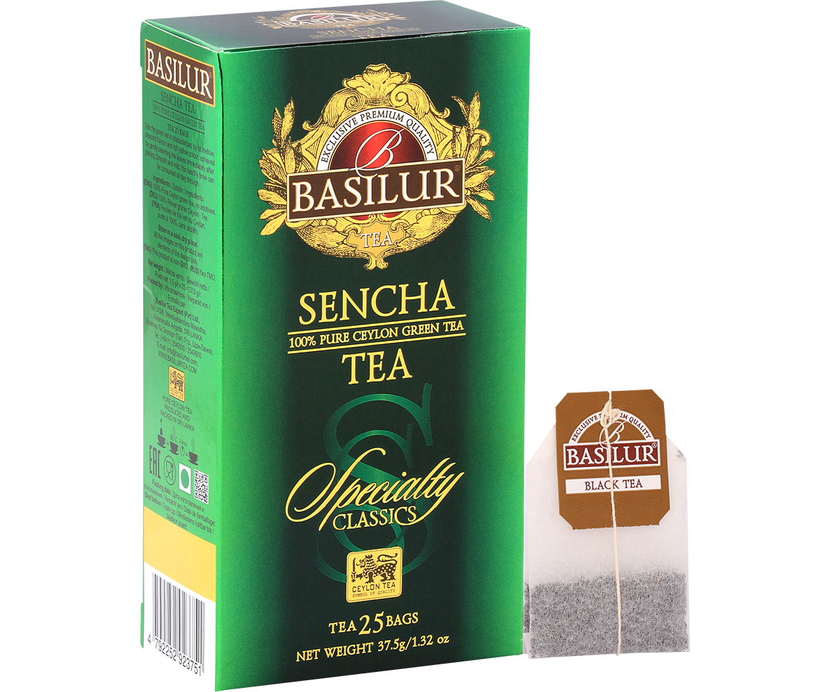 Pudełko herbaty Basilur Sencha z torebką herbaty w tle, zielona herbata wysokiej jakości.