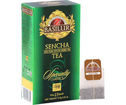 Pudełko herbaty Basilur Sencha z torebką herbaty w tle, zielona herbata wysokiej jakości.