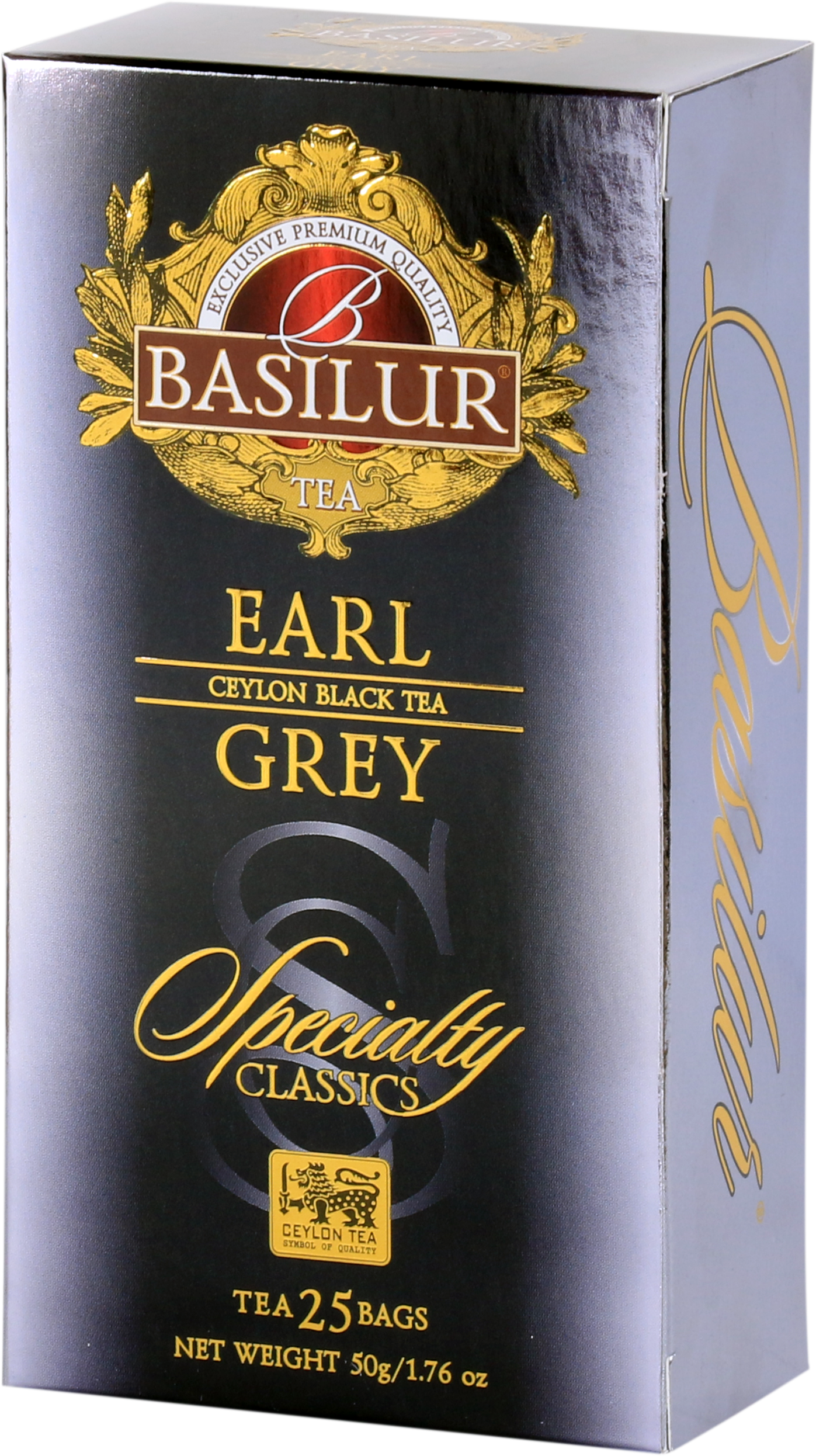 Opakowanie herbaty Basilur Earl Grey 25 x 2 g, czarna herbata cejlońska z aromatem bergamotki.