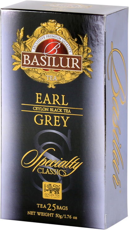 Opakowanie herbaty Basilur Earl Grey 25 x 2 g, czarna herbata cejlońska z aromatem bergamotki.