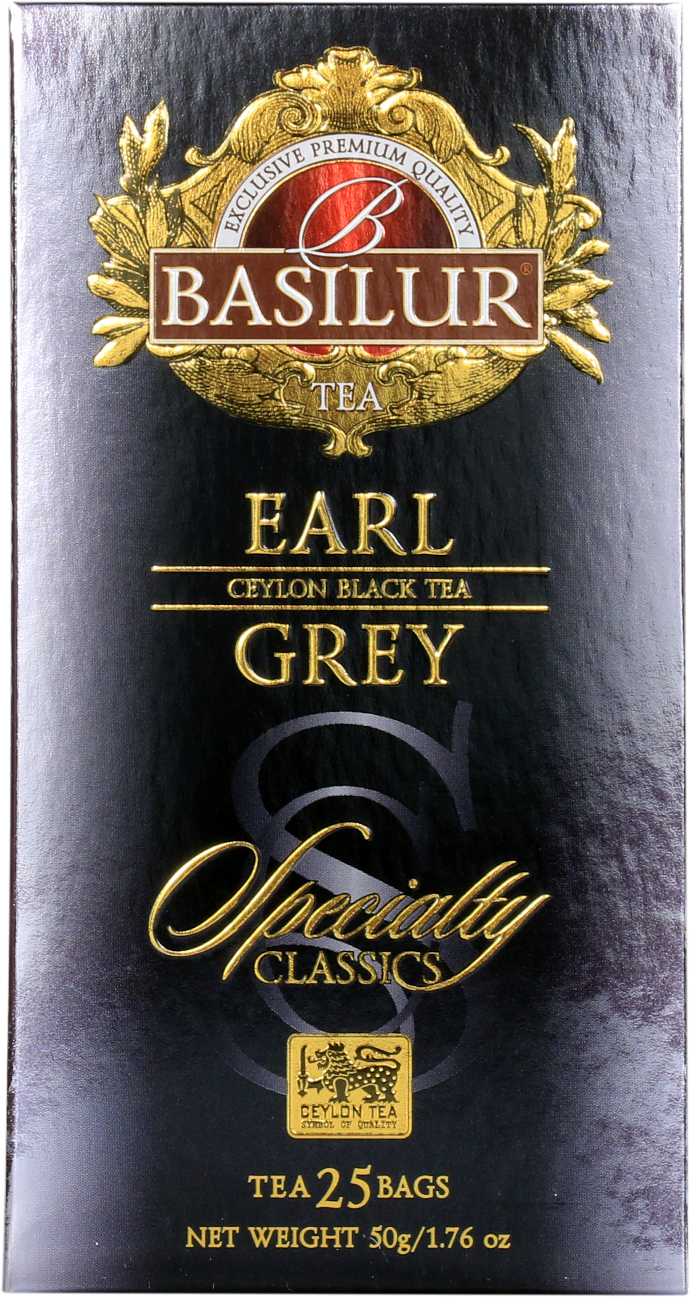 Opakowanie herbaty Basilur Earl Grey 25 x 2 g, czarna herbata cejlońska z aromatem bergamotki.