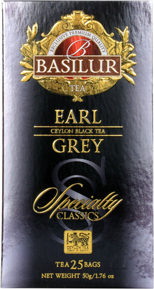 Opakowanie herbaty Basilur Earl Grey 25 x 2 g, czarna herbata cejlońska z aromatem bergamotki.