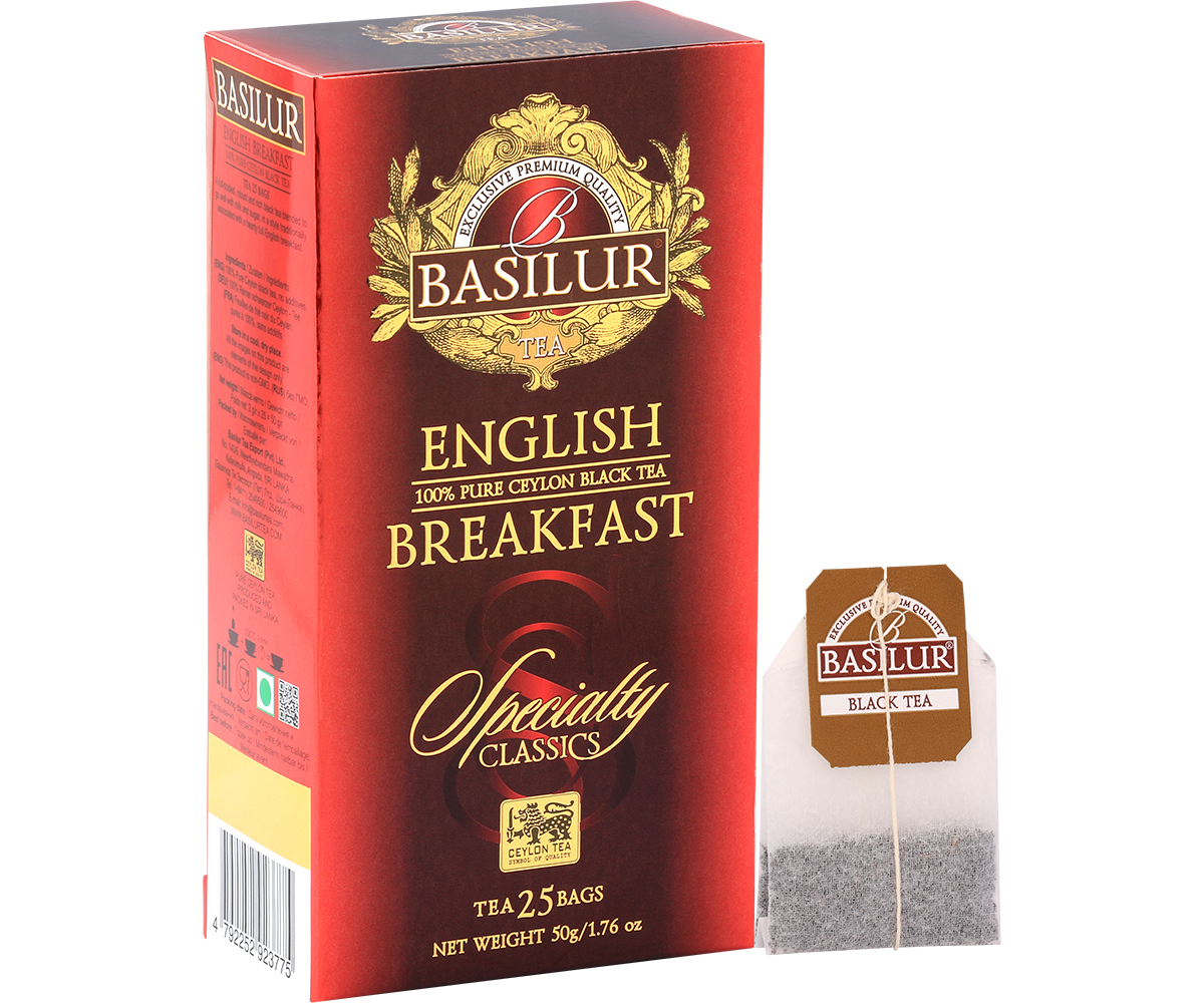 Torebki herbaty Basilur English Breakfast – 100% czarna herbata cejlońska o intensywnym aromacie.
