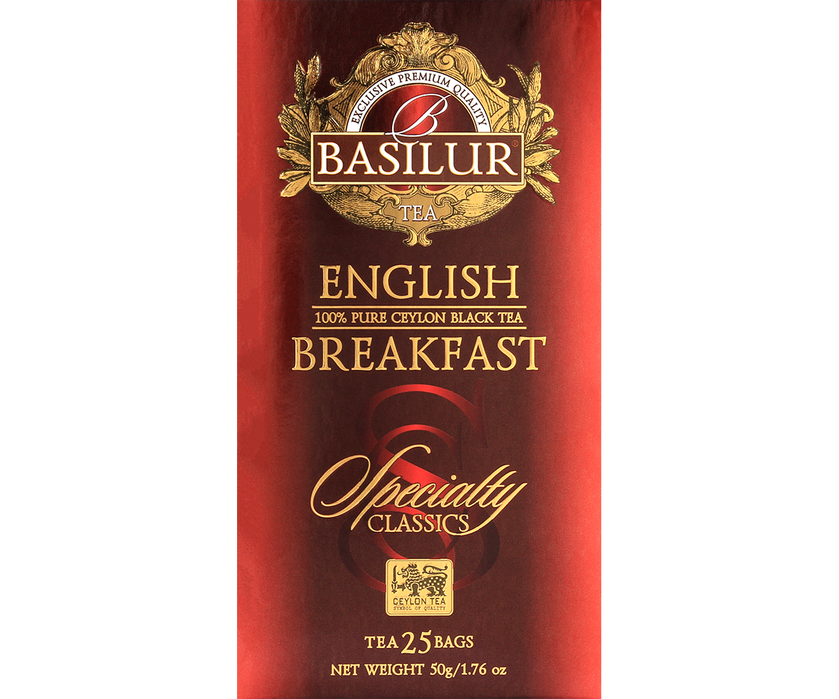 Opakowanie herbaty Basilur English Breakfast 25 x 2 g, czarna herbata cejlońska w eleganckim pudełku.