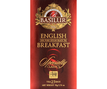 Opakowanie herbaty Basilur English Breakfast 25 x 2 g, czarna herbata cejlońska w eleganckim pudełku.