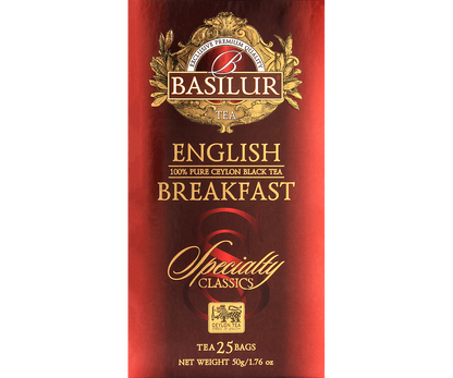 Opakowanie herbaty Basilur English Breakfast 25 x 2 g, czarna herbata cejlońska w eleganckim pudełku.