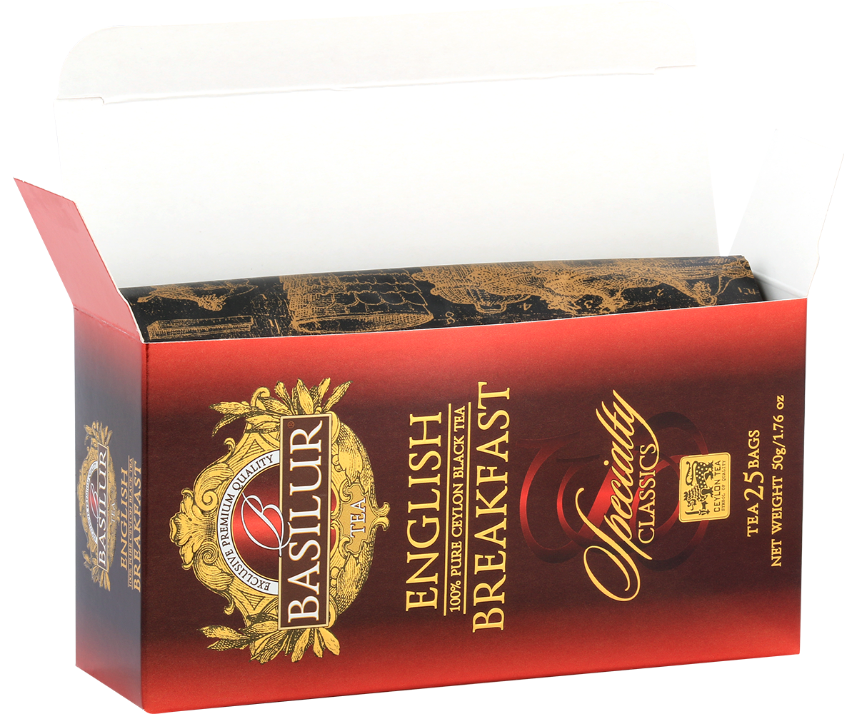 Otwarte pudełko Basilur English Breakfast z widocznymi torebkami herbaty.