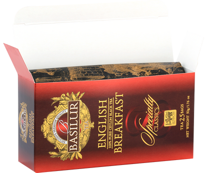 Otwarte pudełko Basilur English Breakfast z widocznymi torebkami herbaty.
