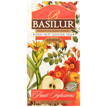 Basilur Red Hot Ginger 100 g, front kartonowego pudełka z ilustracją owoców i kwiatów