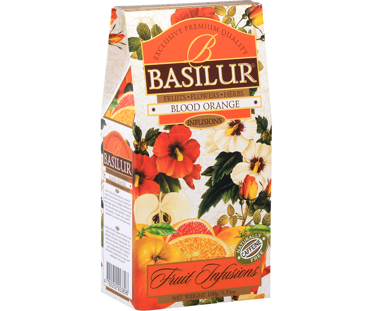 Bok opakowania Basilur Blood Orange – elegancki wzór z owocami cytrusowymi.