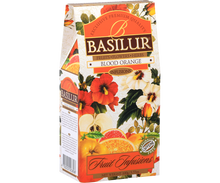Bok opakowania Basilur Blood Orange – elegancki wzór z owocami cytrusowymi.