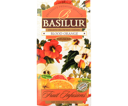 Herbata Basilur Blood Orange – front pudełka z motywem pomarańczy i kwiatów.