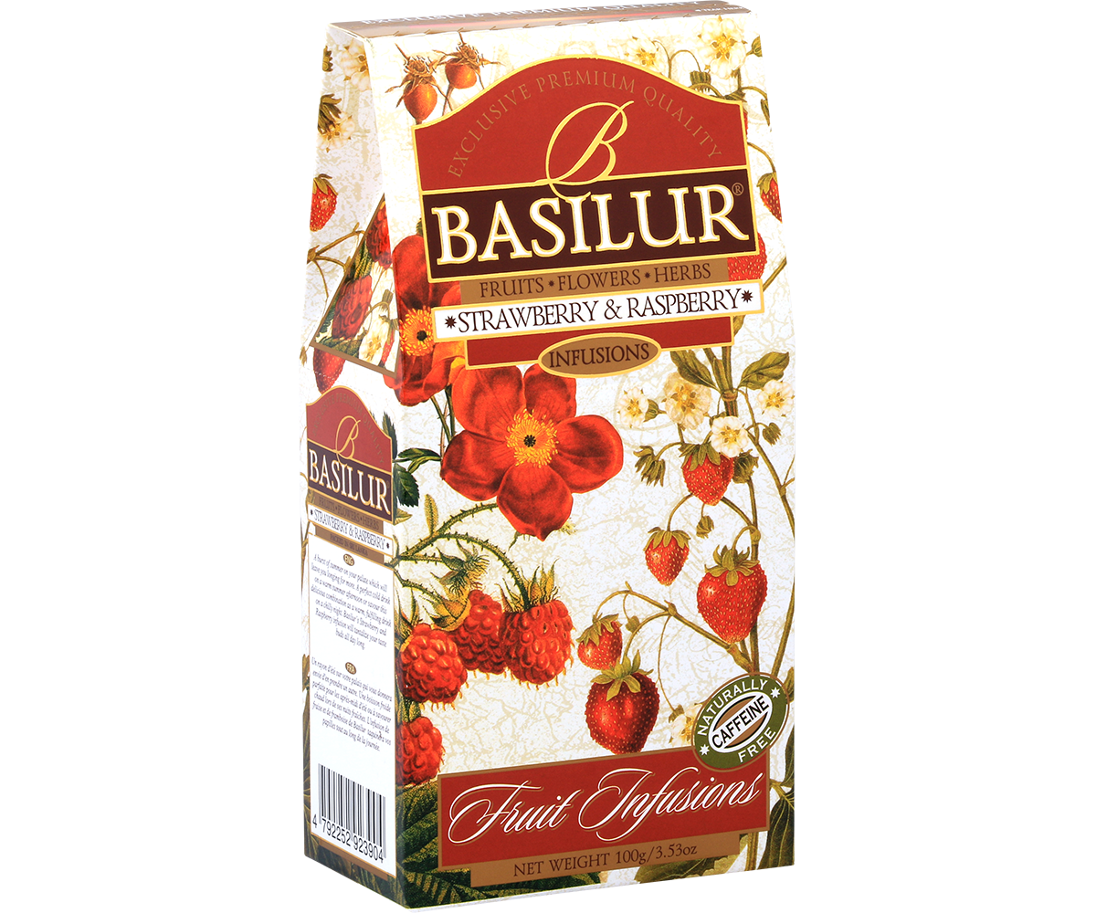 Bok opakowania Basilur Strawberry & Raspberry – herbata owocowa z malinami i truskawkami.