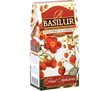 Bok opakowania Basilur Strawberry & Raspberry – herbata owocowa z malinami i truskawkami.