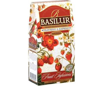 Bok opakowania Basilur Strawberry & Raspberry – herbata owocowa z malinami i truskawkami.