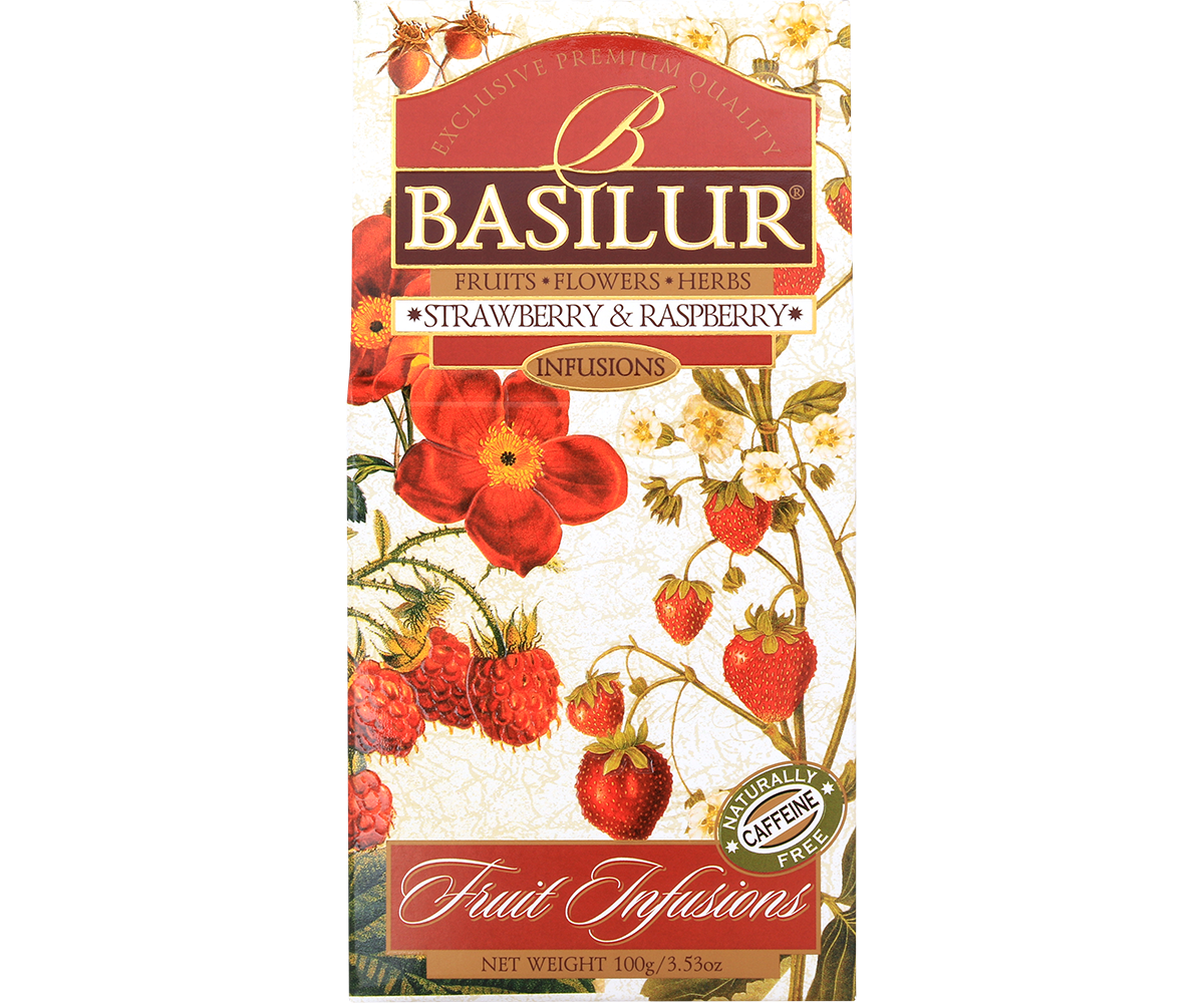 Herbata Basilur Strawberry & Raspberry – eleganckie pudełko z motywem owoców.