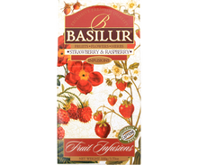 Herbata Basilur Strawberry & Raspberry – eleganckie pudełko z motywem owoców.