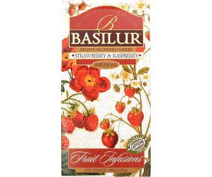 Herbata Basilur Strawberry & Raspberry – eleganckie pudełko z motywem owoców.