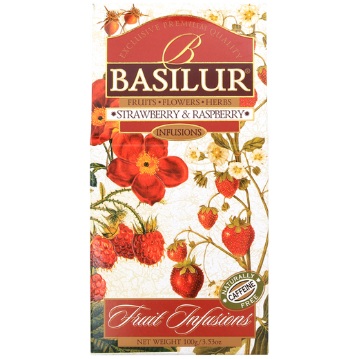 Herbata Basilur Strawberry & Raspberry – eleganckie pudełko z motywem owoców.