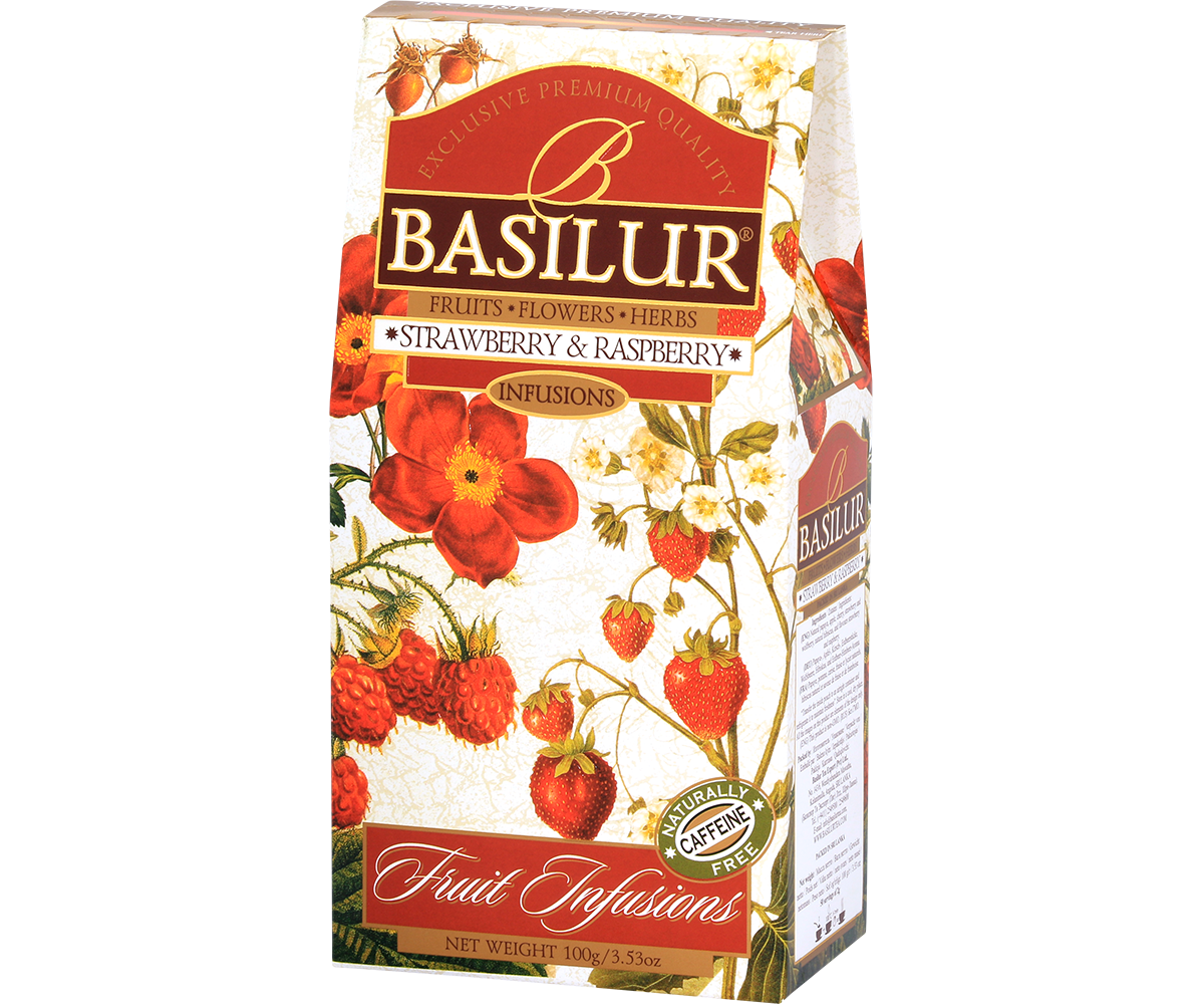 Herbata Basilur Strawberry & Raspberry – opakowanie owocowej herbaty 100 g.