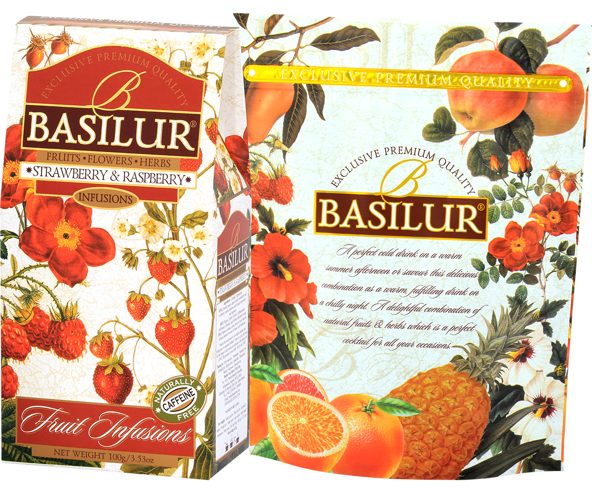 Zestaw Basilur Strawberry & Raspberry – pudełko i foliowe opakowanie naparu owocowego.