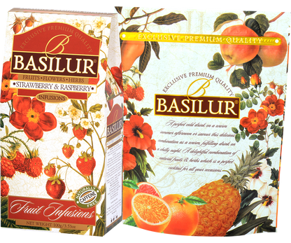 Zestaw Basilur Strawberry & Raspberry – pudełko i foliowe opakowanie naparu owocowego.