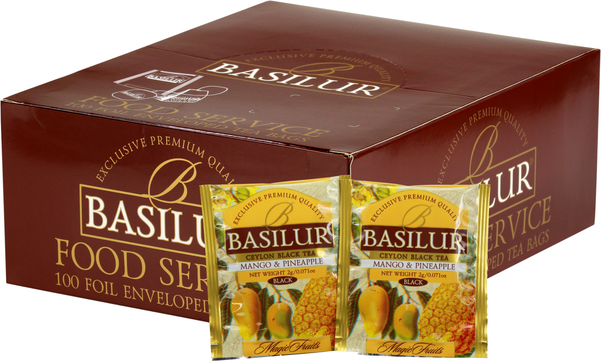 Opakowanie herbaty Basilur Mango & Pineapple 100 x 2 g z owocami mango i ananasa na torebkach.