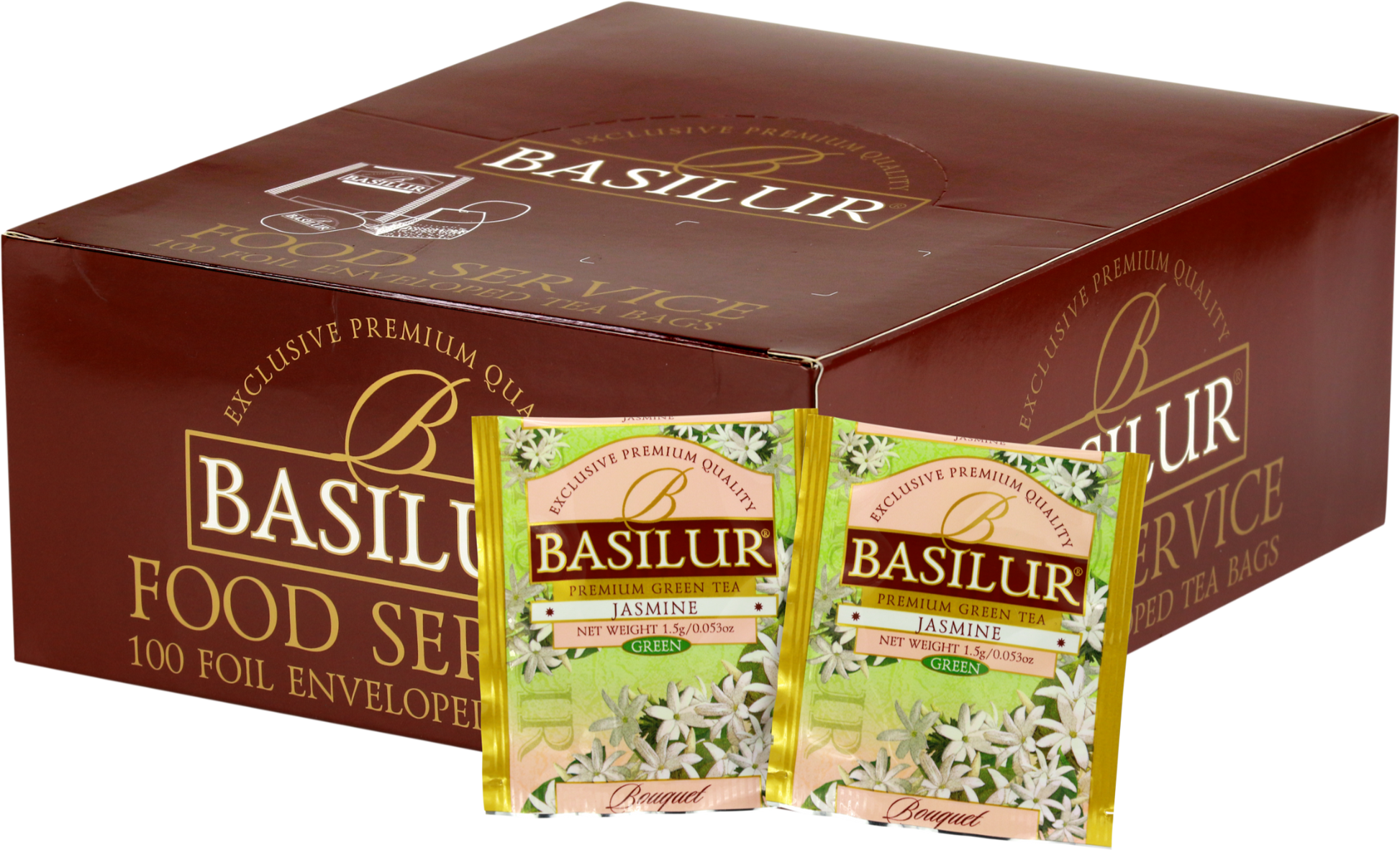 Herbata Basilur Jasmine Green – zielona herbata cejlońska o aromacie jaśminu, opakowanie 100 kopertowanych torebek.