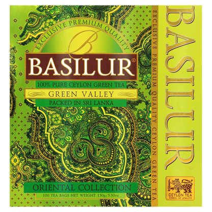 Basilur Green Valley zielona herbata cejlońska 100 torebek, frontowe zdjęcie opakowania Oriental Collection.