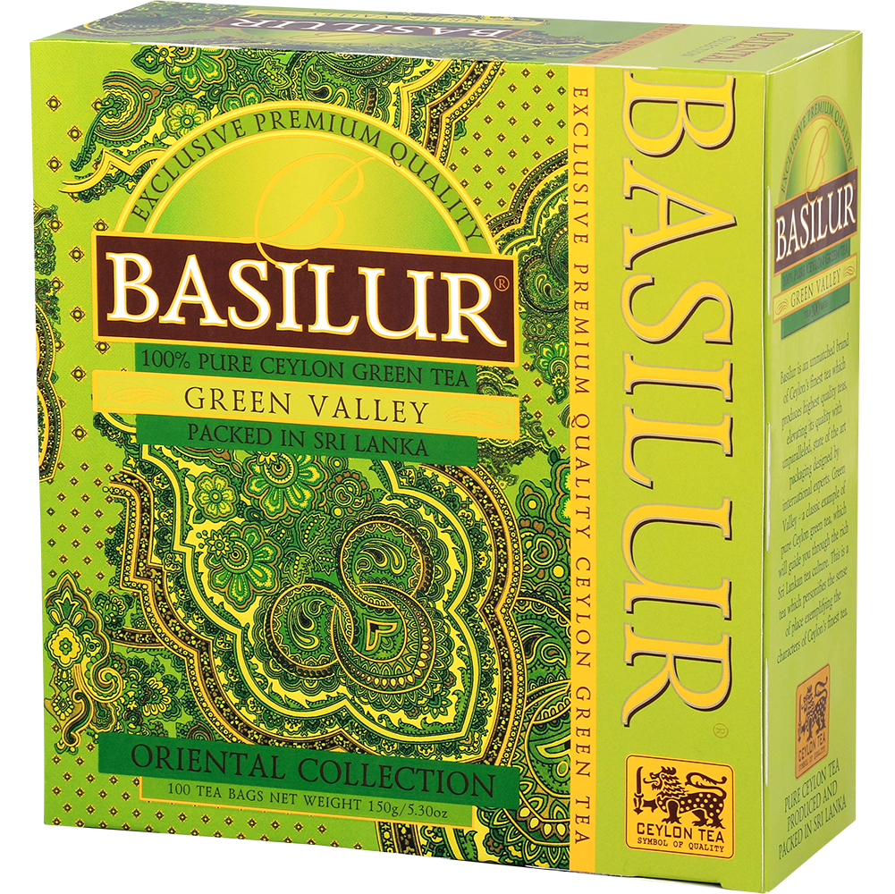Herbata zielona Basilur Green Valley 100 torebek w dekoracyjnym zielonym opakowaniu Oriental Collection, widok z przodu i boku.