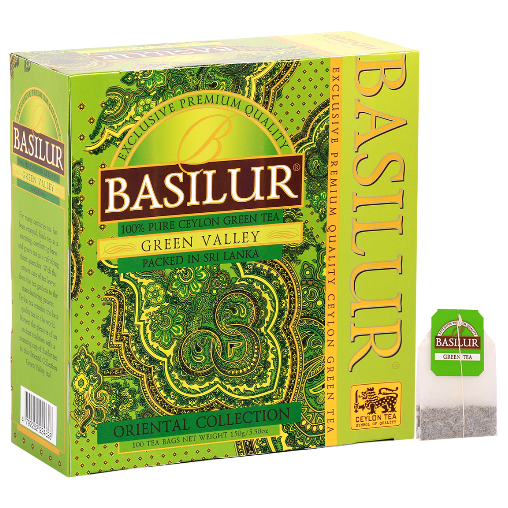 Herbata zielona Basilur Green Valley 100 sztuk z pokazanym opakowaniem oraz pojedynczą torebką herbaty.