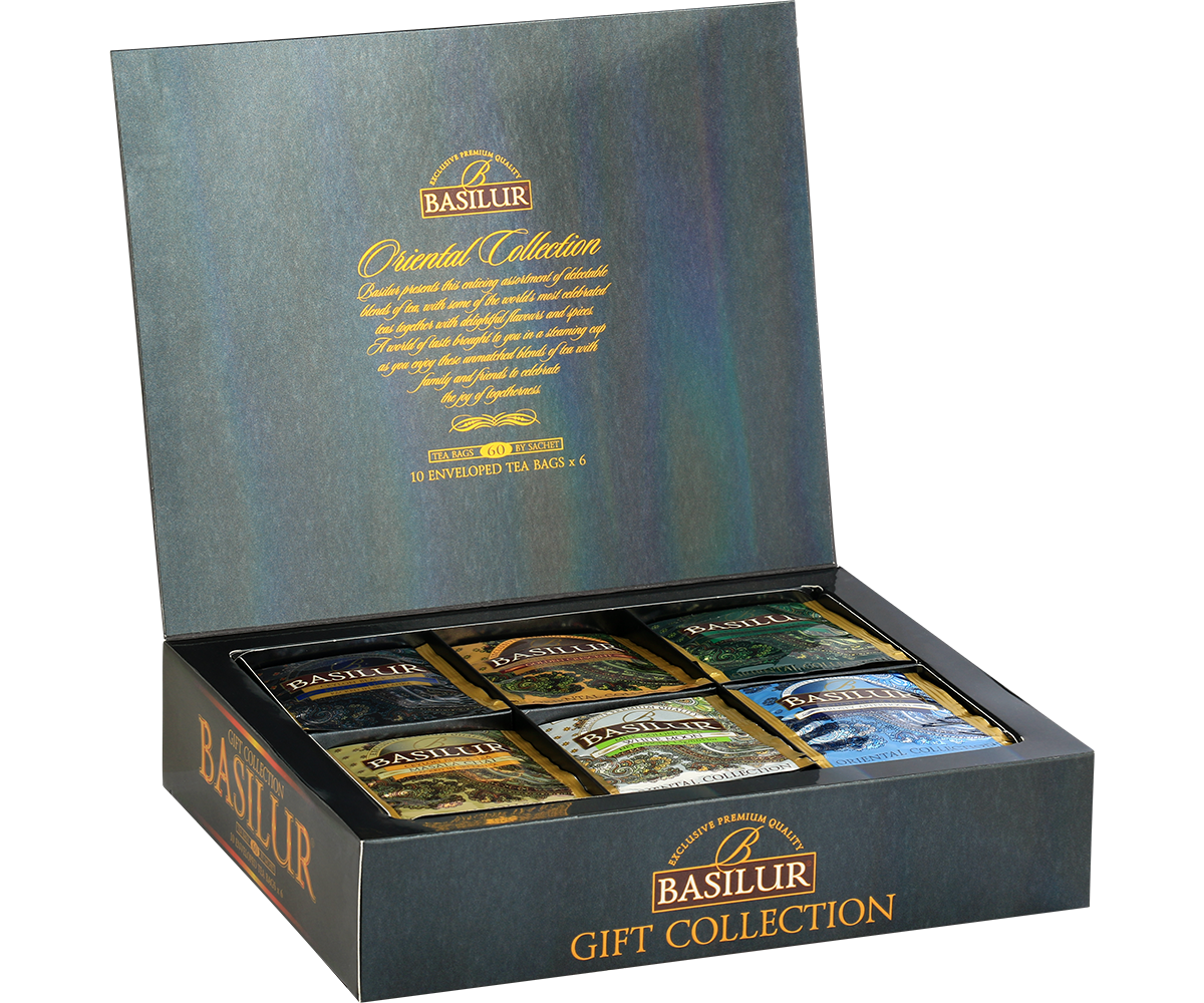 Otwarte pudełko Basilur Oriental Gift Collection z sześcioma rodzajami herbat w kopertach.