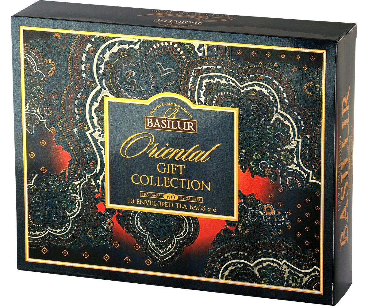 Widok z boku i przodu pudełka Basilur Oriental Gift Collection w ciemnych, złotych barwach.