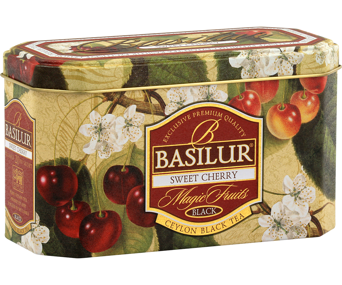 Boczne ujęcie puszki Basilur Sweet Cherry z ozdobnym nadrukiem owoców wiśni.