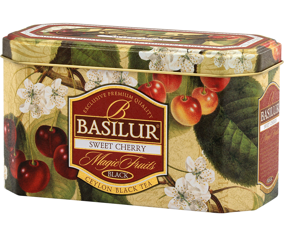 Herbata Basilur Sweet Cherry w eleganckiej metalowej puszce z kwiatowym wzorem.