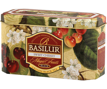 Herbata Basilur Sweet Cherry w eleganckiej metalowej puszce z kwiatowym wzorem.